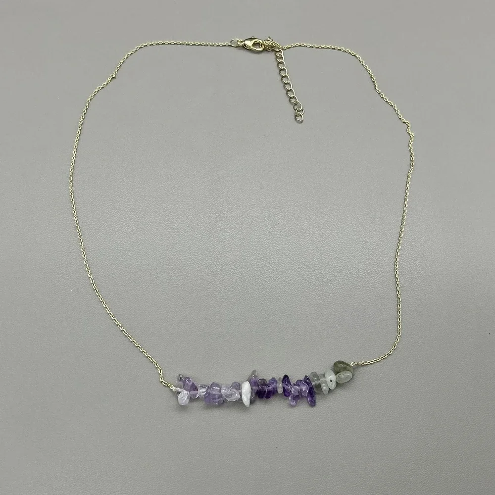 Necklace Gold‎ Tone Purple Amethyst Gemstone Beaded Bar Chain Womens Jewelry